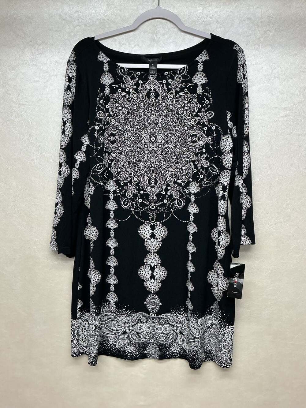 Style & Co. Women's Black and White Printed Mandala Paisley 3/4 Sleeve Dress XL